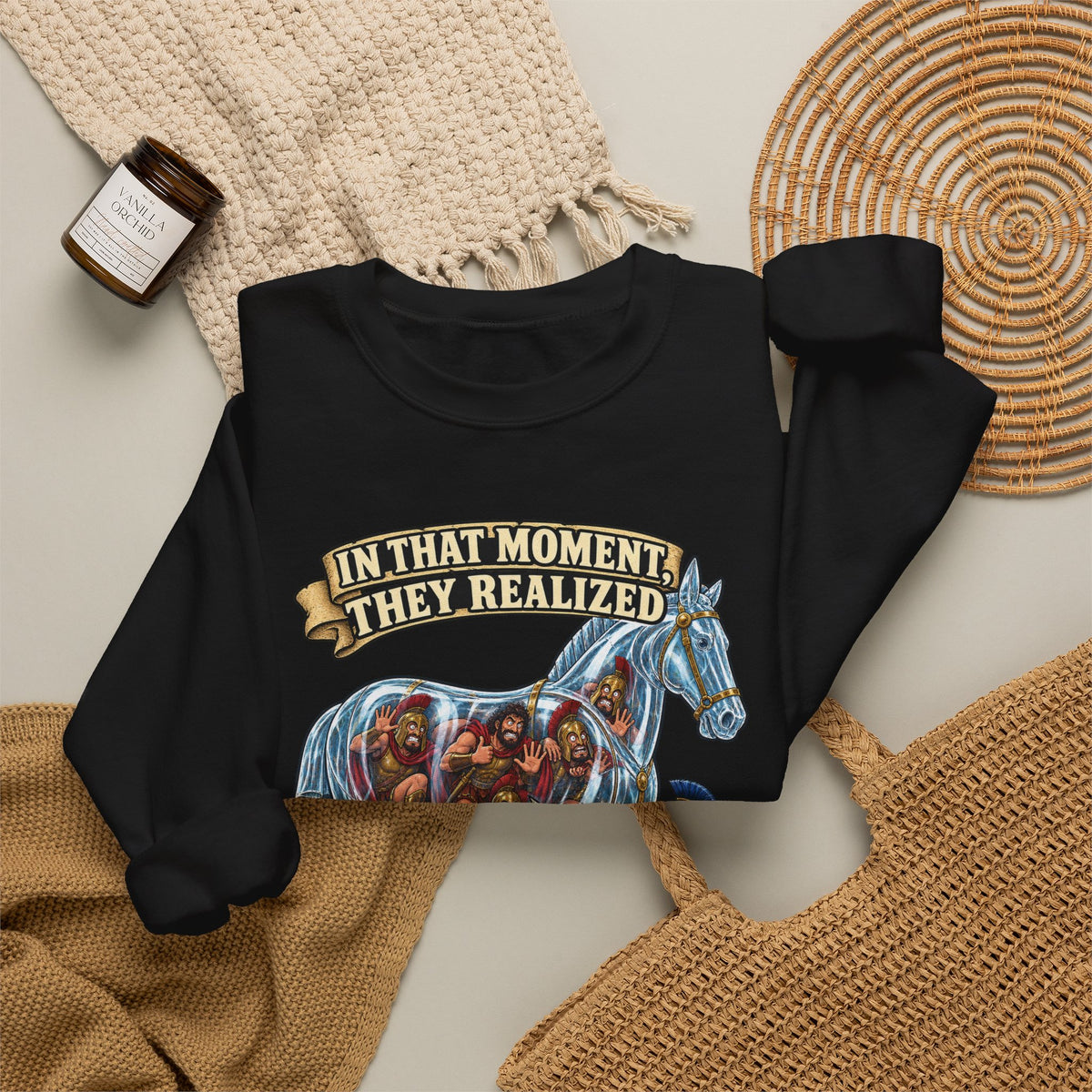 Crewneck Sweatshirt — "In That Moment They Realized the Glass Horse Was a Bad Idea" Graphic