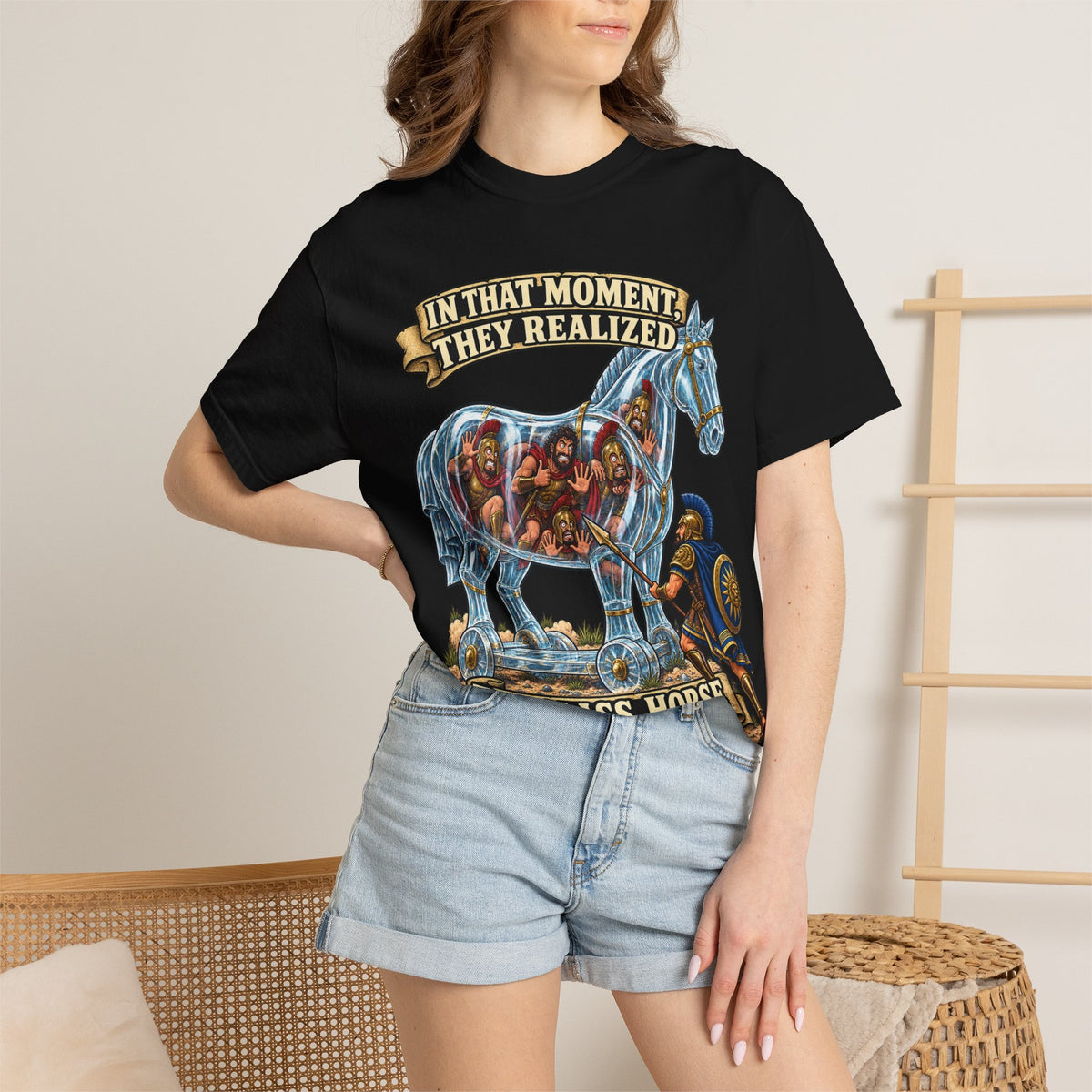 T-Shirt — "In That Moment They Realized the Glass Horse Was a Bad Idea" Trojan Horse Parody Graphic Tee
