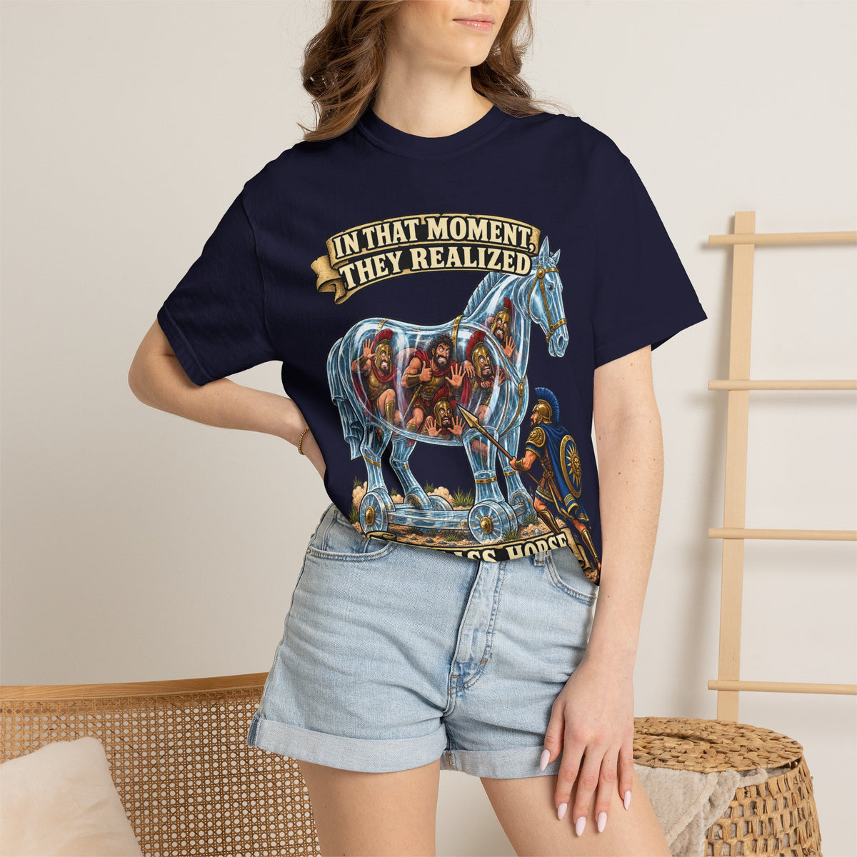 T-Shirt — "In That Moment They Realized the Glass Horse Was a Bad Idea" Trojan Horse Parody Graphic Tee